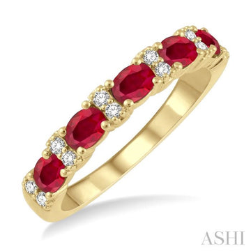 4x3 MM Oval Shape Ruby and 1/6 Ctw Round Cut Diamond Precious Band in 14K Yellow Gold